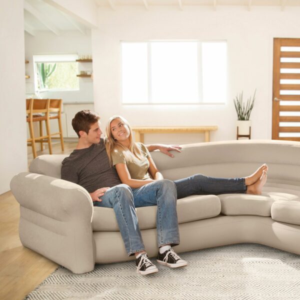 Intex Inflatable waterproof flocked top surface Corner Living Room Air Mattress, Sectional Sofa Couch for any rec room, game room, or dorm room 257 x 203 x 76 CM - Beige