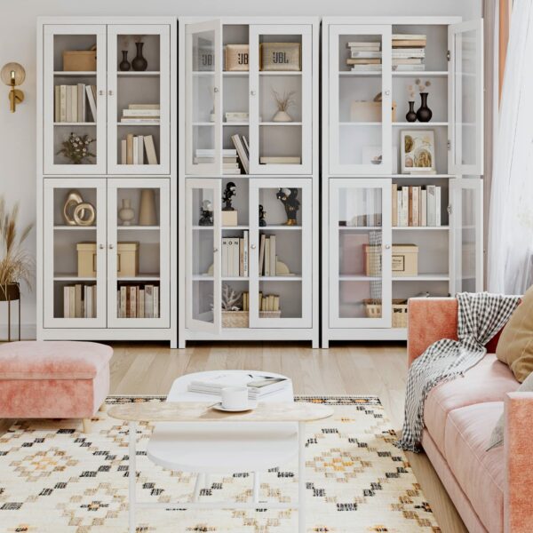 FOREHILL 190cm Display Cabinet with 4 Glass Doors Tall Bookcase Kitchen Cupboard Sideboard Storage Cabinet Living Room White