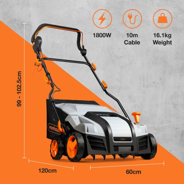 VonHaus Lawn Scarifier, Grass Rake, Aerator 1800W – Electric, 10m Cable, 55L Collection Box, 5 Depth Settings, 38cm Working Width
