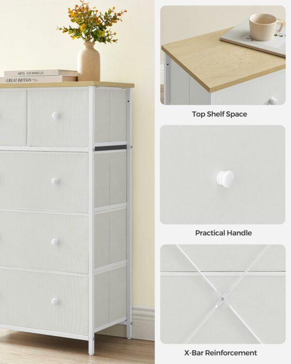 SONGMICS Chest of Drawers, Fabric 5-Drawer Storage Organiser Unit, Dresser, for Living Room, Hallway, Nursery, White and Oak LTS514W57