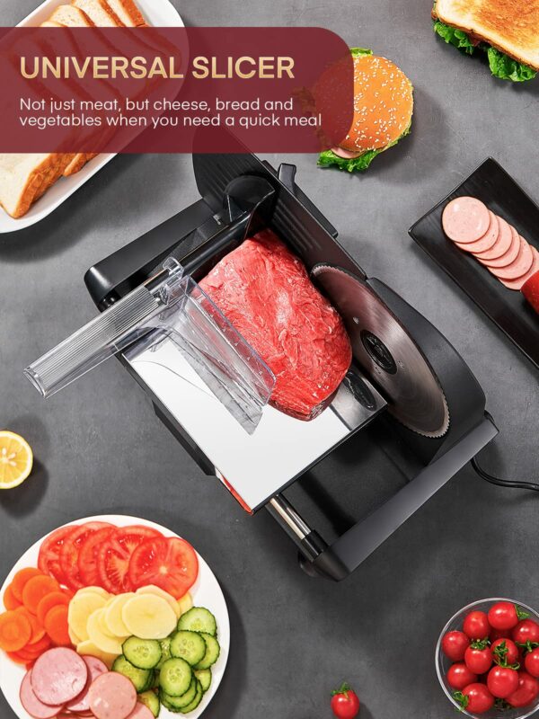 FOHERE Electric Meat Slicer Machine 200W for Home Use, with 2 Removable Stainless Steel Blade(Smooth/Serrated) and Food Pusher, Safety Switch, 0-15mm Thickness Adjustment, for Cheese, Bread