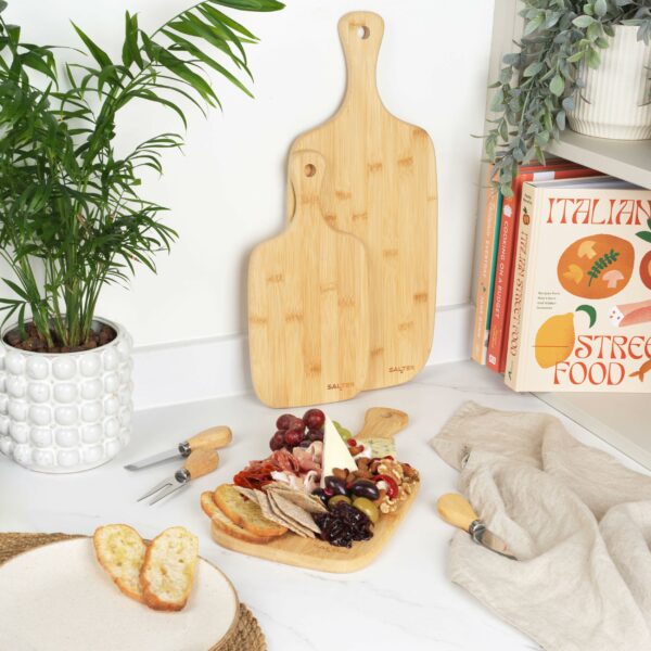 Salter Wooden Chopping Boards - 3 Piece Bamboo Chopping Board Set - 30cm, 35cm, 45cm, Chop, Cut & Carve Meat, Vegetables, Cheese & Bread, Protects Worktops, Paddle Handles With Hooks, BW06732EU7
