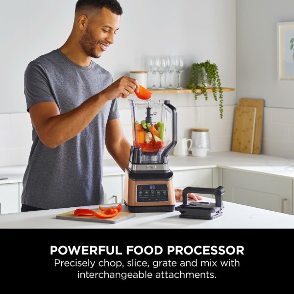 Ninja 3-in-1 Food Processor & Blender, Coffee & Spice Grinder, 5 Auto Programs; Blend, Max, Chop, Puree, Mix, 1.8L Bowl, 2.1L Jug, 700ml Cup, 1200W, Apron, Dishwasher Safe, Copper/Black BN800UKDBCP