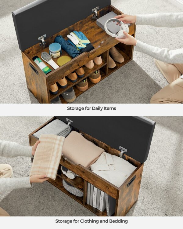 Vasagle Shoe Bench with Cushion, Storage Bench with Padded Seat, 3 Compartments, Hidden Storage, Shelves