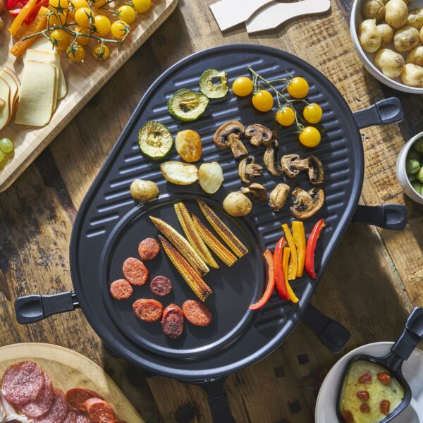 Cooks Professional Electric Raclette Grill with Traditional Hotplate – 8 Cheese Fondue Pans, Wooden Spatulas, 1200W, Thermostat Control – Perfect for Parties & Even Cooking