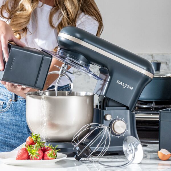 Salter Marino Baking Stand Mixer - 6 Speed Kitchen Mixer With Pulse, 5L Stainless Steel Mixing Bowl, Removable Splash Guard, Whisk, Dough and Beater Attachment, 1200W, Blue/Grey