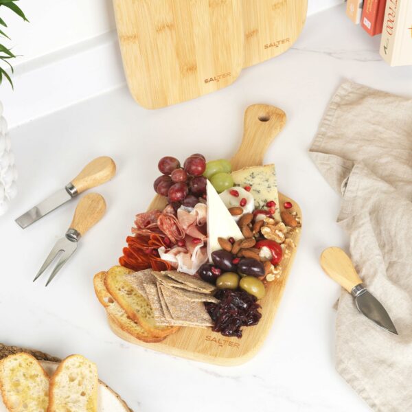 Salter Wooden Chopping Boards - 3 Piece Bamboo Chopping Board Set - 30cm, 35cm, 45cm, Chop, Cut & Carve Meat, Vegetables, Cheese & Bread, Protects Worktops, Paddle Handles With Hooks, BW06732EU7