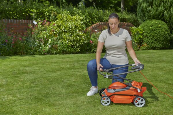 Flymo EasiStore 340R Electric Rotary Lawn Mower - 34 cm Cutting Width, 35 Litre Grass Box, Close Edge Cutting, Rear Roller, Central Height Adjust , Space Saving Storage Features