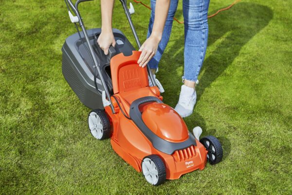 Flymo EasiStore 340R Electric Rotary Lawn Mower - 34 cm Cutting Width, 35 Litre Grass Box, Close Edge Cutting, Rear Roller, Central Height Adjust , Space Saving Storage Features