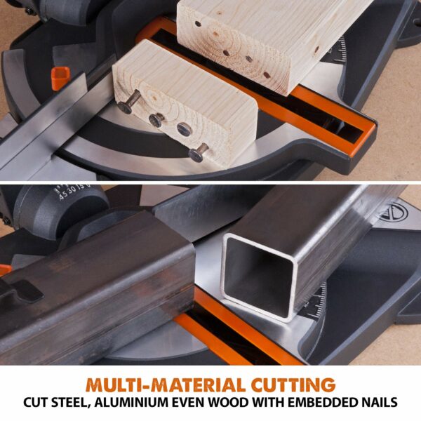 Evolution Power Tools R210CMS Compound Miter Saw Multi-Material Cutting TCT Blade Included Cuts Wood Metal Plastic & More, 45° - 45° Degree Miter & 45˚ Degree Bevel Angles, 1200W, 210mm