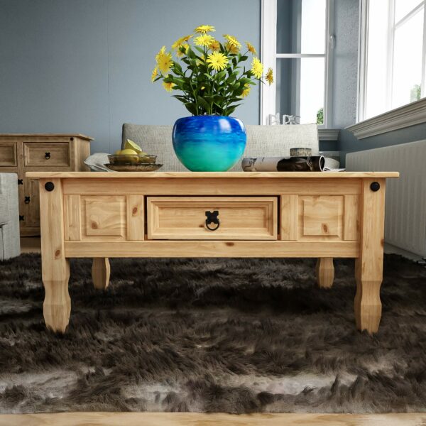 Basics Coffee Table with Drawer, Rectangular, Waxed Solid Pine Wood, Traditional, Rustic, 56 x 94 x 45