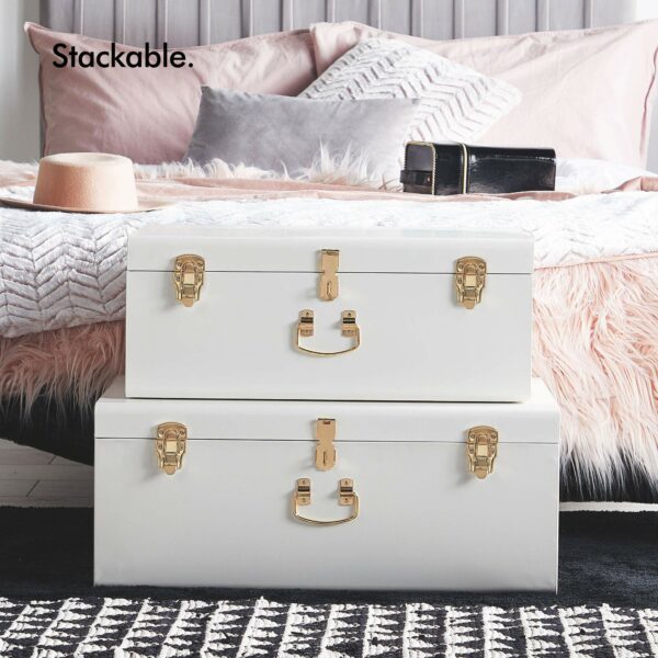 Beautify Extra Large Storage Trunks Set of 2 Storage Chests Stackable for Bedroom, Living Room, Dressing Room, Hallway – White Champagne Colour