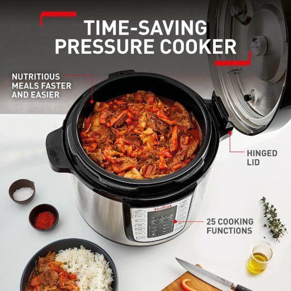 Tefal All-in-One 25-in-1 Electric Pressure Cooker, Multi Cooker, Slow Cooker, Steam, Reheat, Stew, Bake, Browning, 25 programs, Recipe Book Included, 6 Litres, Black/Stainless Steel, CY505E40