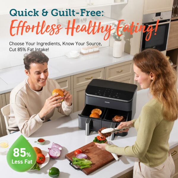 COSORI Dual Air Fryer, 8.5L Family Size, 8-In-1, Air Fry, Roast, Bake, Reheat, Dehydrate, Grill, Sync Cook & Finish, Fast and Energy Save, Healthy 50+ Online Recipes, 5 Accessories, Non-Stick