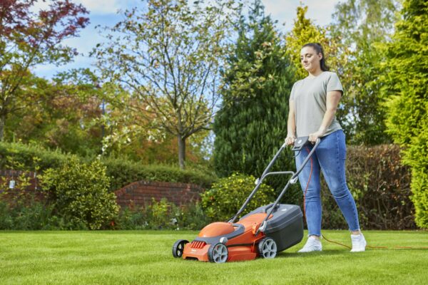 Flymo EasiStore 340R Electric Rotary Lawn Mower - 34 cm Cutting Width, 35 Litre Grass Box, Close Edge Cutting, Rear Roller, Central Height Adjust , Space Saving Storage Features