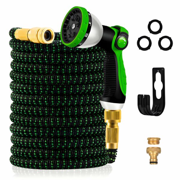 100FT Garden Hose – Upgraded 3-Layer Latex, No-Kink Expandable Water Hose with 3/4 & 1/2 Metal Connectors, 10-Function Spray Nozzle
