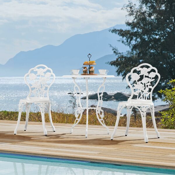 Yaheetech 3 Piece Patio Bistro Table Set Garden Furniture Set, Aluminum Table and Chairs Outdoor Patio Furniture, Rose Design Dinging Table and Chairs for Balcony Garden Porch, White