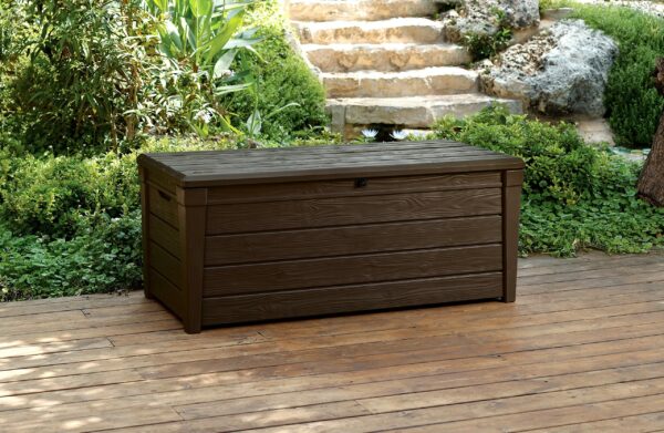 Keter Brightwood 454L Outdoor 60% recycled Garden Furniture Storage Box Brown Wood Panel Effect Fade Free All Weather Resistant
