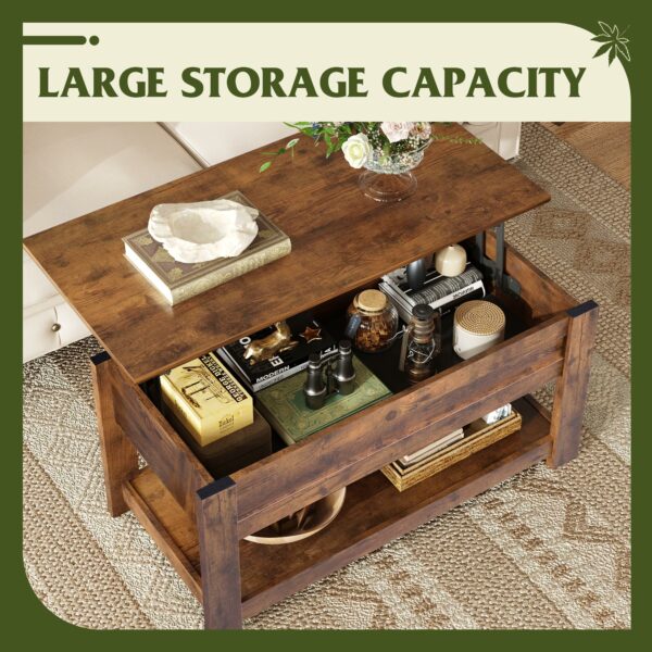 Wlive Lift Top Coffee Table, 98CM Lift Up Coffee Table with Hidden Compartment, Wooden Coffee Table with Storage Shelf for Living Room, Rustic Brown