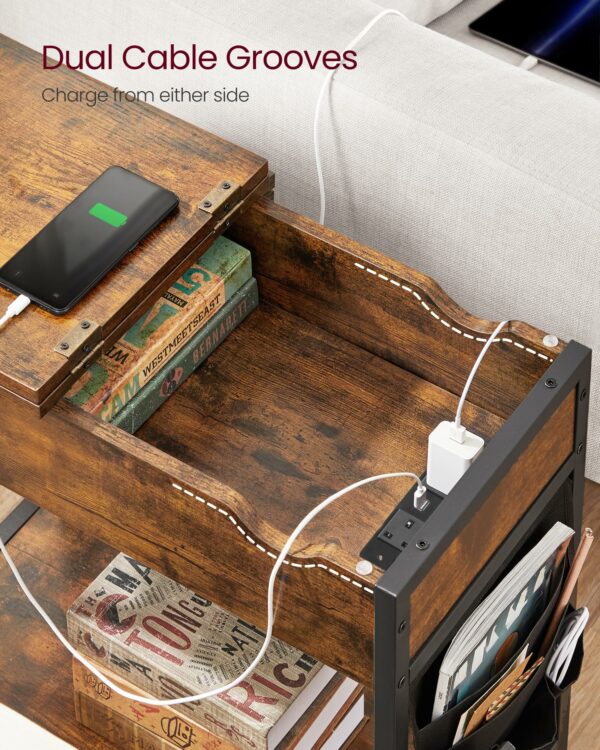 Vasagle Slim Side Table with Charging Station, Narrow Bedside Table with Storage, End Table with USB Ports, Outlets, Fabric Bags