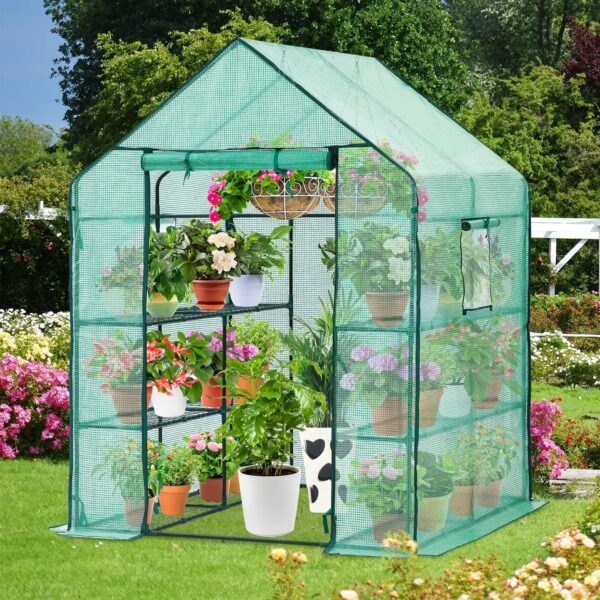 Ohuhu Greenhouse for Outdoors with Shelves, Walk in Green House Plant Growhouse with Heavy Duty Cover, 3 Tiers 12 Shelves Plastic Greenhouse with Ground Pegs & Ropes for Stability 143x143x195 cm