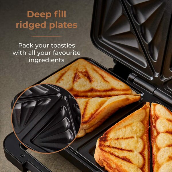 Tower T27036RG Cavaletto Sandwich Maker with Deep Fill Ridge Plates, 900W Black and Rose Gold