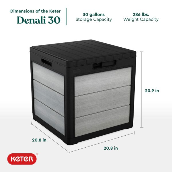 Keter Denali 30 Gallon Resin Outdoor Storage Box and Patio Storage Box Side Table for Pool and Garden Accessories, Grey & Black