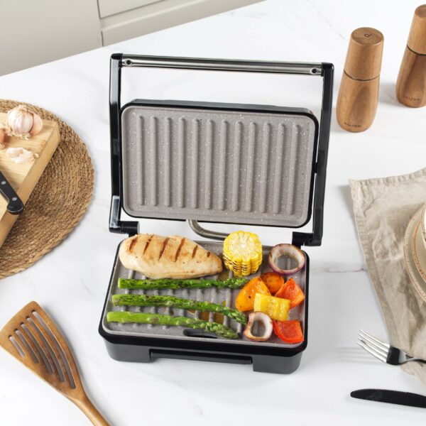Salter Marblestone Health Grill – Non-Stick Panini Maker, No Oil Needed, Floating Hinge For Larger Foods, Automatic Temperature Control, Built-In Removable Drip Tray, Cool Touch Handle, 750W, EK2009