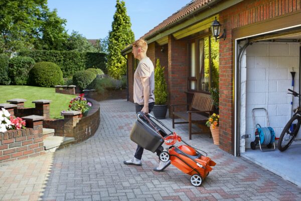 Flymo EasiStore 380R Electric Rotary Lawn Mower - 38 cm Cutting Width, 45 Litre Grass Box, Close Edge Cutting, Rear Roller, Central Height Adjust, Space Saving Storage Features
