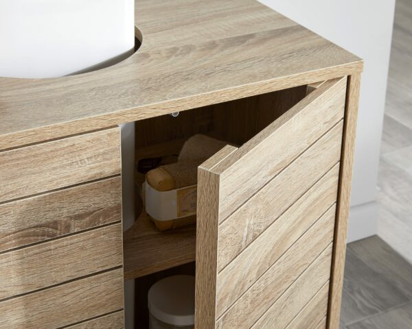 House & Homestyle Penny Under Sink Unit, Floor Standing Bathroom Cabinet, Space Saving Washroom Cupboard Storage Solution, 2 Door Vanity Unit - Oak Effect Slatted Wood Finish (60cm x 60cm)