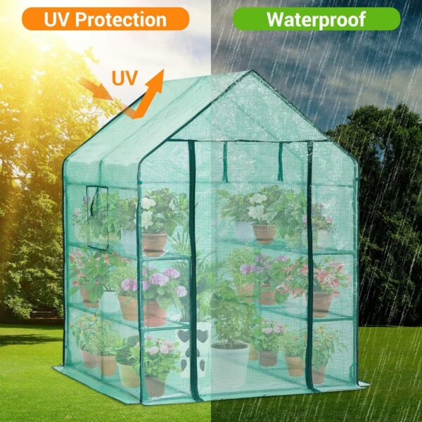 Ohuhu Greenhouse for Outdoors with Shelves, Walk in Green House Plant Growhouse with Heavy Duty Cover, 3 Tiers 12 Shelves Plastic Greenhouse with Ground Pegs & Ropes for Stability 143x143x195 cm