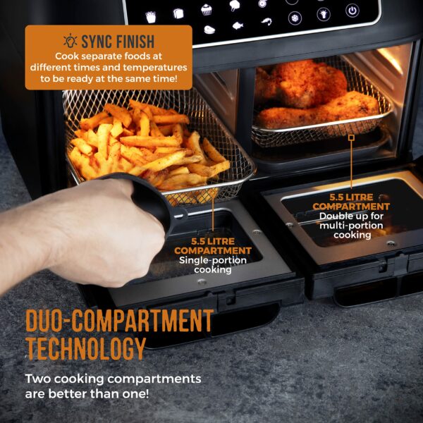 Tower T17102 Vortx Vizion Dual Compartment Air Fryer Oven with Digital Touch Panel, 11L, Black