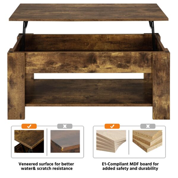 Yaheetech Lift Top Coffee Table, Wood Lifting Table Tea with Storage Shelf for Living Room, Rustic Brown, 98x50x(42-56) cm