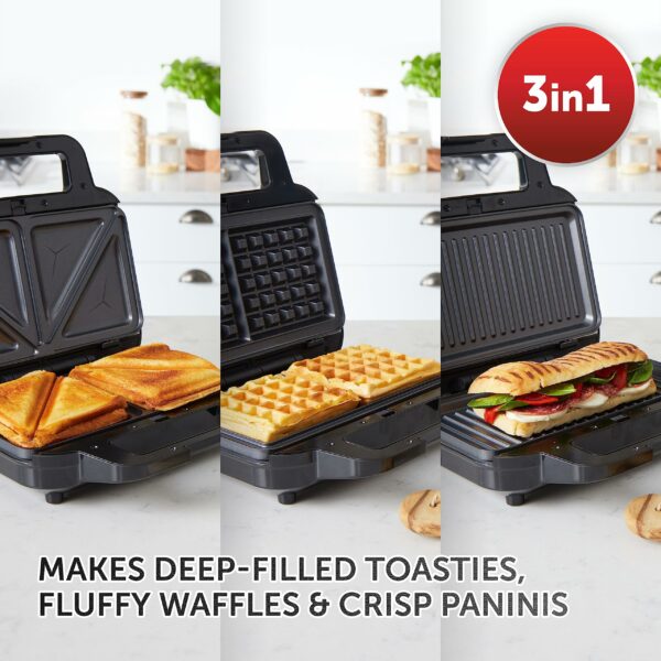 Breville 3-in-1 Ultimate Snack Maker | Deep Fill Toastie Maker, Waffle Maker & Panini Press | Removable Non-Stick Plates | Black & Stainless Steel [VST098] | UK Plug