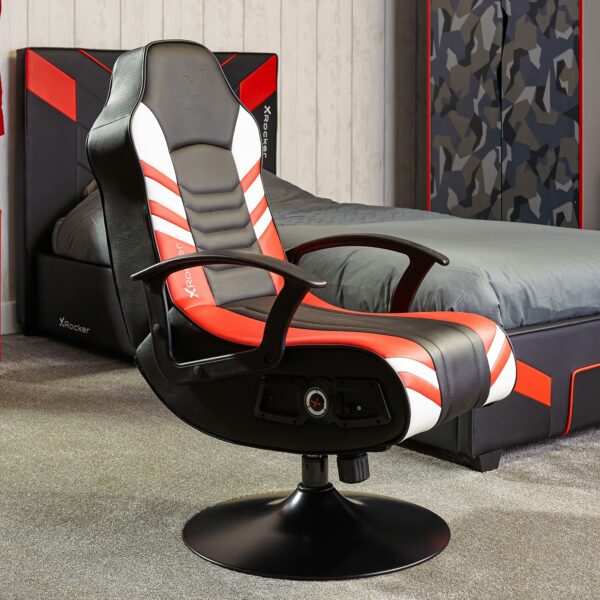 X-Rocker Aries 2.1 Gaming Chair with Speakers and Subwoofer for Junior Gamers, Foldable Audio Pedestal Console Games Chair, Faux Leather PU - Black/Red