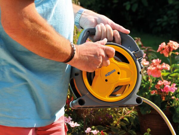 HOZELOCK - Mini Reel "Pico Reel" 10m : Ideal for Patios, Balconies and Small Gardens, Compact Streamlined Reel, Effortless Rewinding, Supplied with 1 Multi Spray Gun: Ready to Use [2425 0000]