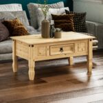 Basics Coffee Table with Drawer, Rectangular, Waxed Solid Pine Wood, Traditional, Rustic, 56 x 94 x 45