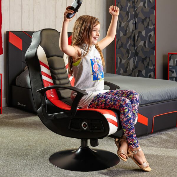 X-Rocker Aries 2.1 Gaming Chair with Speakers and Subwoofer for Junior Gamers, Foldable Audio Pedestal Console Games Chair, Faux Leather PU - Black/Red