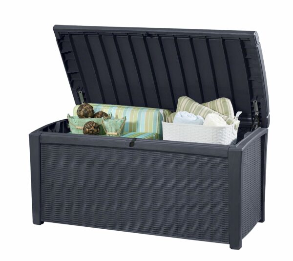 Keter Borneo 416L Outdoor 60% recycled Garden Furniture Storage Box Grey Rattan Effect Fade Free All Weather Resistant  Safe and Secure