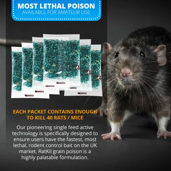 RatKil Rat Poison (6 x25g) Rat Bait & Mouse Poison Grain - Strongest Maximum Strength Rodent Killer - Fast Acting, All Weather, Single Feed Bait Sachets