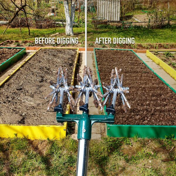 Rotary Cultivator Set, 25"-63" Adjustable Gardening Rotary Tiller and Hand-Held Garden Cultivator Tool with Steel Detachable Tines, Reseeding Grass or Soil Mixing