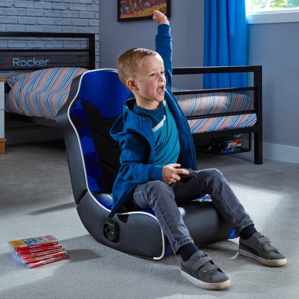 Hermes 2.0 Floor Rocker Gaming Chair for Kids and Juniors, Low Folding Rocking Seat with Stereo Speakers, Faux Leather - Blue