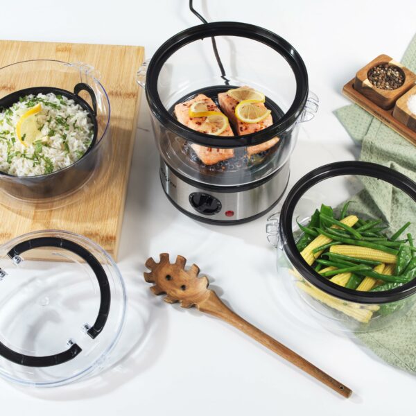 Salter 3 Tier Electric Food Steamer - 7.5L, Stackable Steaming Baskets, Dishwasher Safe, BPA Free Includes Rice Bowl, 60 Minute Timer, Compact Storage, Healthy Cooking Vegetables & Fish, 500W, EK2726
