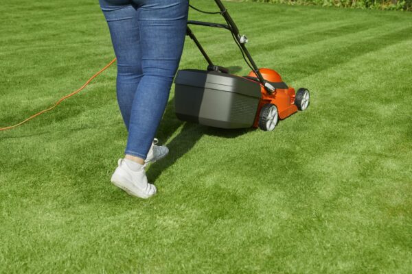 Flymo EasiStore 340R Electric Rotary Lawn Mower - 34 cm Cutting Width, 35 Litre Grass Box, Close Edge Cutting, Rear Roller, Central Height Adjust , Space Saving Storage Features