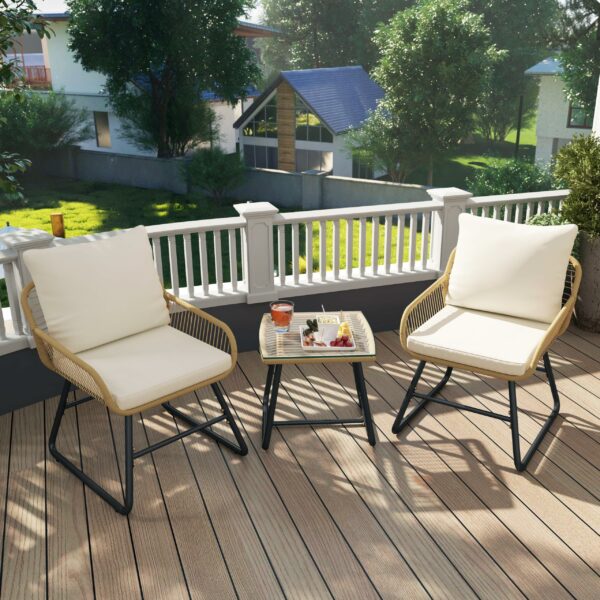 Yaheetech 3 Pieces Bistro Set, Outdoor PE Wicker Chairs and Tempered Glass Table with Waterproof Cushions