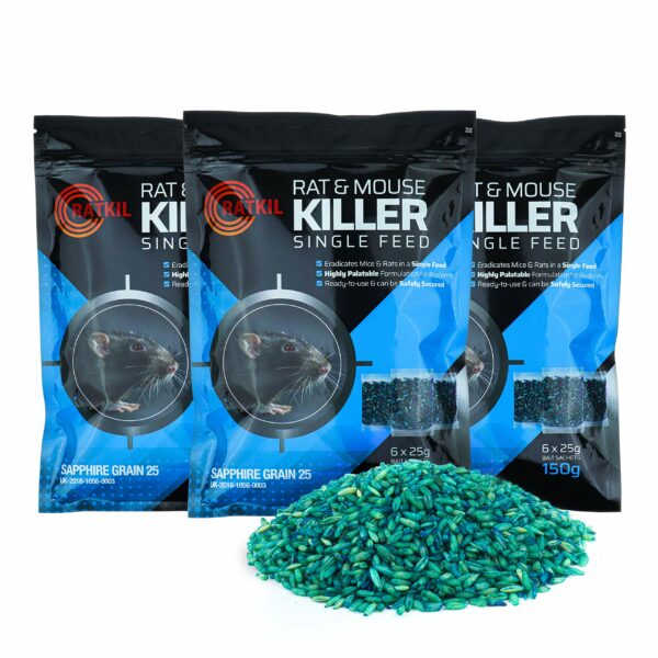 RatKil Rat Poison (6 x25g) Rat Bait & Mouse Poison Grain - Strongest Maximum Strength Rodent Killer - Fast Acting, All Weather, Single Feed Bait Sachets