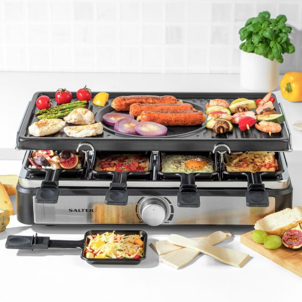Salter EK4513 Electric Raclette Grill & Fondue - 2 In 1 Indoor Grill, 1.3L Chocolate Melting Pot, 6 Forks, Cheese Fondue Set, Adjustable Temperature Control, 8 Non-Stick Pans & Wooden Spatulas, 1400W