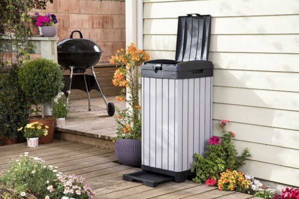 Keter Rockford Resin 38 Gallon Trash Can with Lid and Drip Tray for Easy Cleaning-Perfect for Patios, Kitchens, and Outdoor Entertaining, Grey