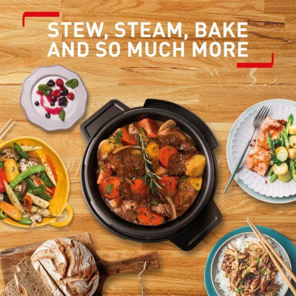 Tefal Turbo Cuisine Electric Pressure Cooker, 10 Programmes inc. stew, steam, bake, slow cooker, Rice cooker, 4.8L, 1000 W, Plastic, Black, CY754840