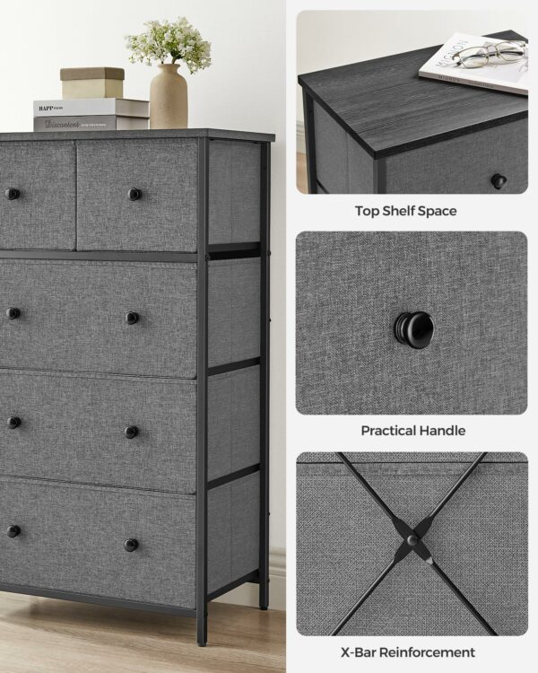 SONGMICS Chest of Drawers, Fabric 5-Drawer Storage Organiser Unit, Dresser, for Living Room, Hallway, Nursery, Grey and Black with Wood Grain LTS514G22